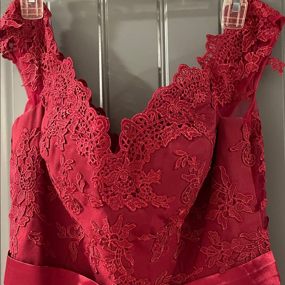 Elegant Red Lace Evening Gown - Picture 3 of 13